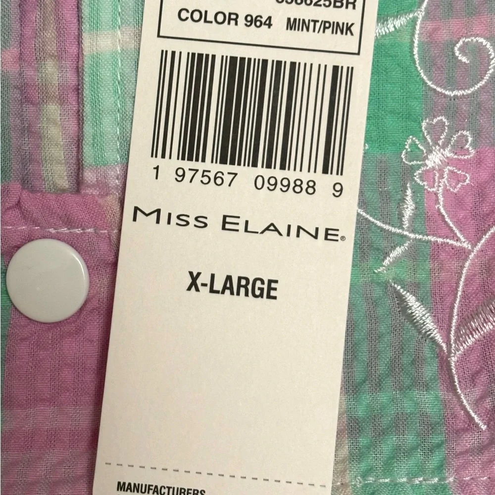 MISS ELAINE PLAID SEERSUCKER EMBROIDERED ROBE XL/0X SHORT SLEEVE POCKETS $79 NEW